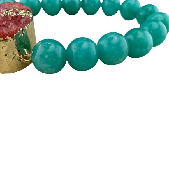 Amazonite Beaded Bracelet With Pink Druzy Statement Accent Adjustable Elastic De - Picture 5 of 7